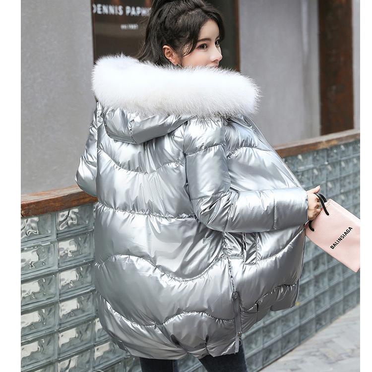 Women Thickened Bright Bread Down Parka Coat Loose Pink Silver Hooded
