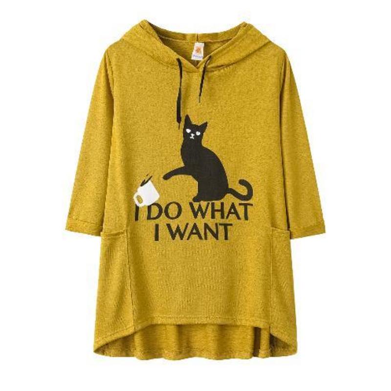 Women Casual Print Cat Ear Hooded Long Sleeves Pocket Irregular Top Blouse Shirt