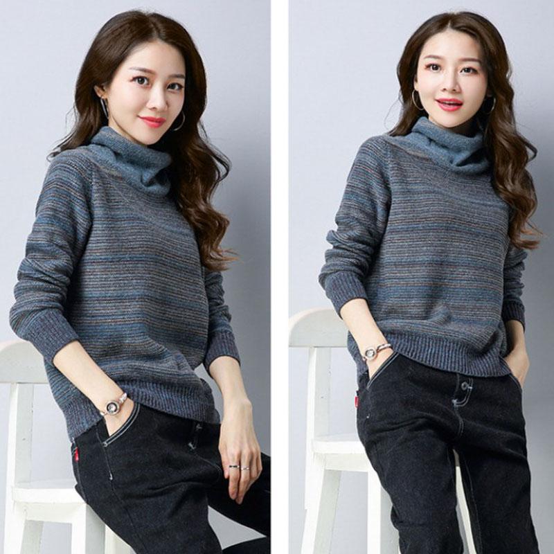 Autumn and Winter Plus Velvet Thick Sweater Knitted Loose Large Size Base Shirt High Neck Warm Female Sweater