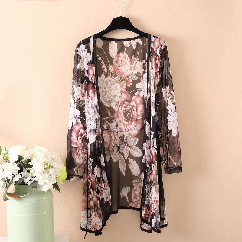 Women's Sun-Dress 1pcs Chiffon Cardigan Flowers Sun Protection Clothing Mid-length Plus Size Loose Outer Thin Coat Beach Air-conditioned Rooms