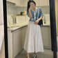 Women Elegant Casual Skirt Suit Summer V-Neck Long Skirt Vintage Two-piece Set Female Slim Holiday Skirt Set