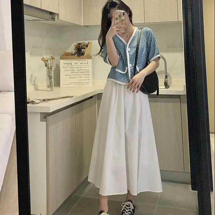 Women Elegant Casual Skirt Suit Summer V-Neck Long Skirt Vintage Two-piece Set Female Slim Holiday Skirt Set