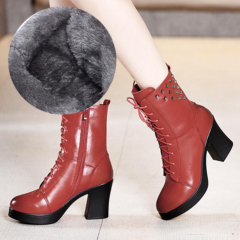 Boots Women Ankle Boots Genuine Leather Women Round Toe Chelsea Boots High Heel Boots Snow Boots