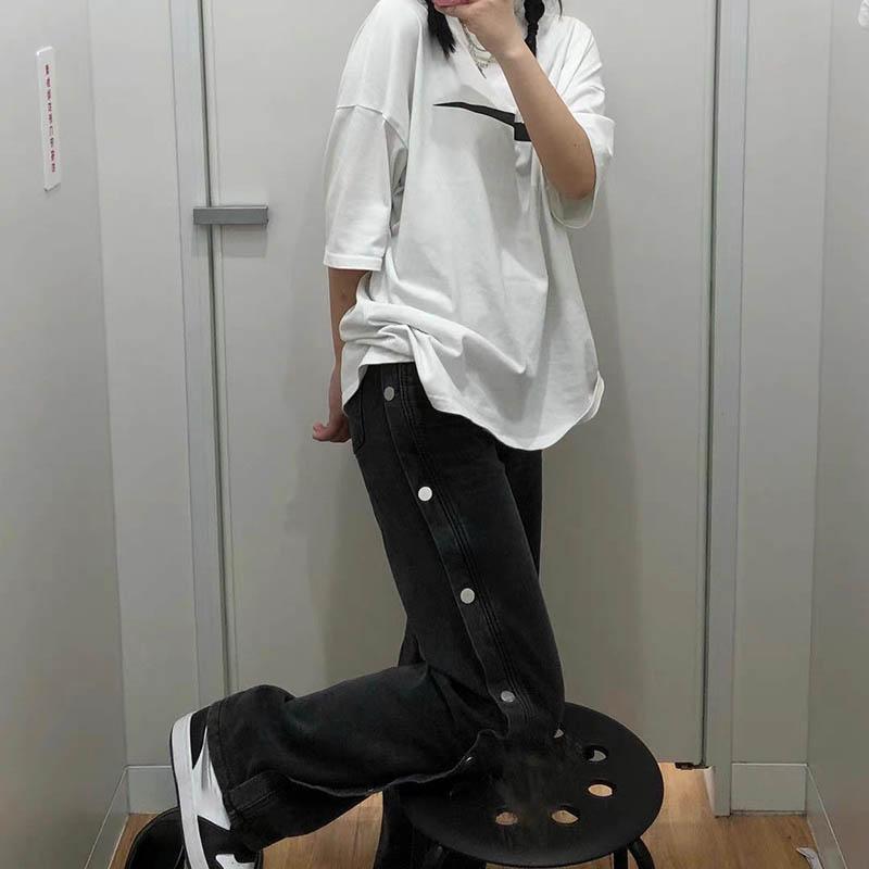 Autumn and Winter Black Buffet Jeans Female BF Wind Hip Hop Loose Straight High Street Splashing Wide Legs Tide