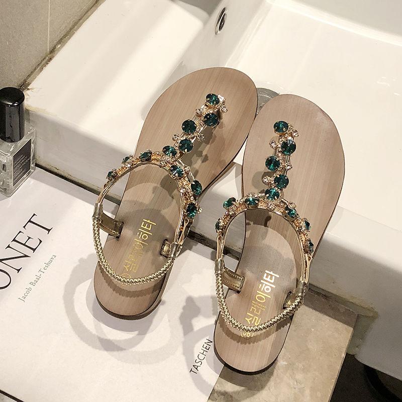 Women's Summer Sandals Shining Rhinestones All-match Flat Flip-flop Sandals Seaside Non-slip Beach Shoes Comfortable Sandals