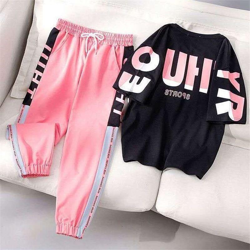Sportswear Loose Cover Meat Casual Suit Sports Suit Two-piece Short-sleeved T-shirt Loose Wide-leg Pants Cute and Comfortable