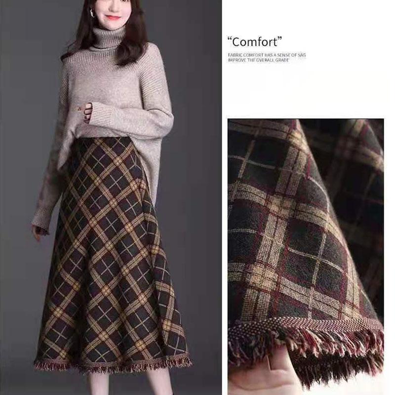 Ladies Long Knitted Skirt Autumn Winter Women's Fringed Plaid Umbrella Skirt High Waist A-line Big Swing Skirt
