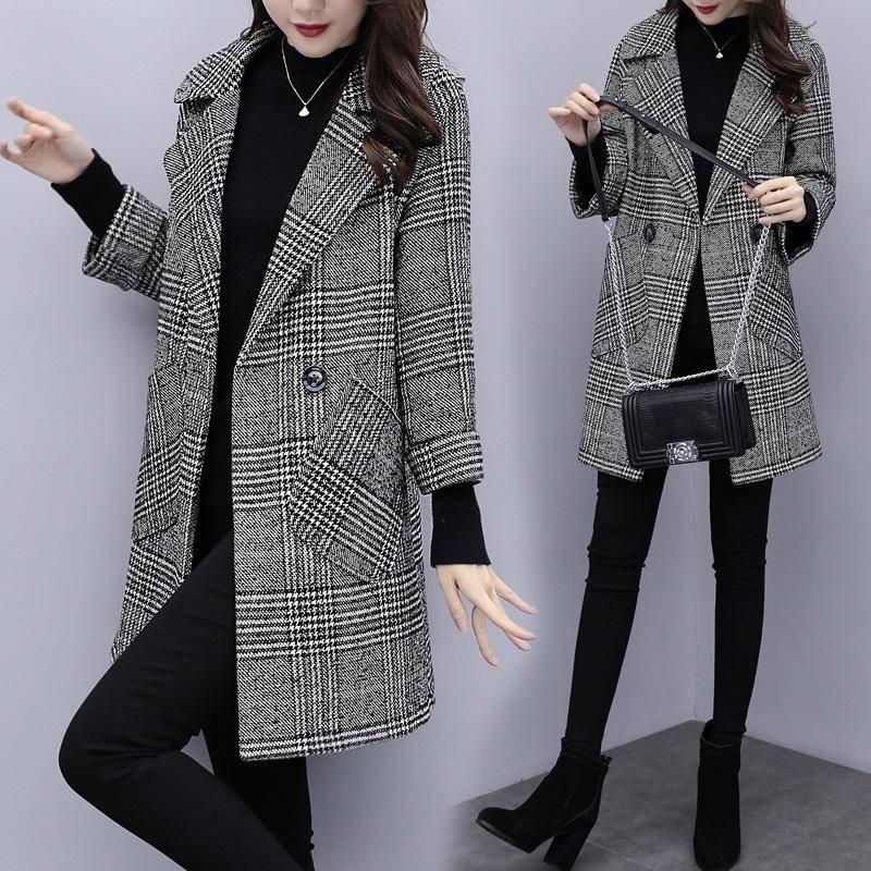 Women Outerwear Winter Clothing Fashion Warm Woolen Blends Female Plaid Double Breasted Woolen Coat