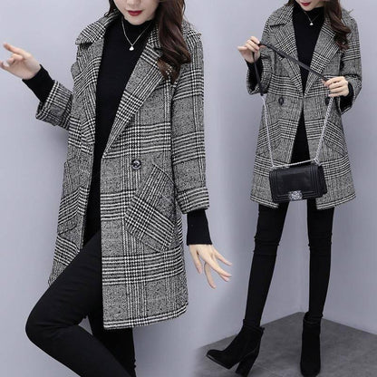 Women Outerwear Winter Clothing Fashion Warm Woolen Blends Female Plaid Double Breasted Woolen Coat