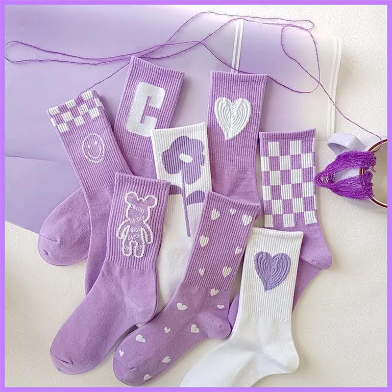 Women's Purple Stockings Fashion All-match Stockings Student Cotton Couples Six Pairs of Stockings