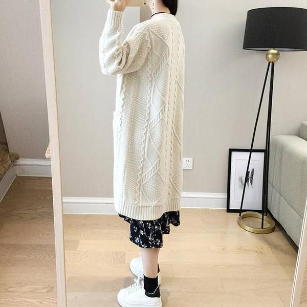 Autumn and Winter Casual Pocket Coat Mid-length Loose Long-sleeved Sweater Solid Color Twist V-neck Cardigan