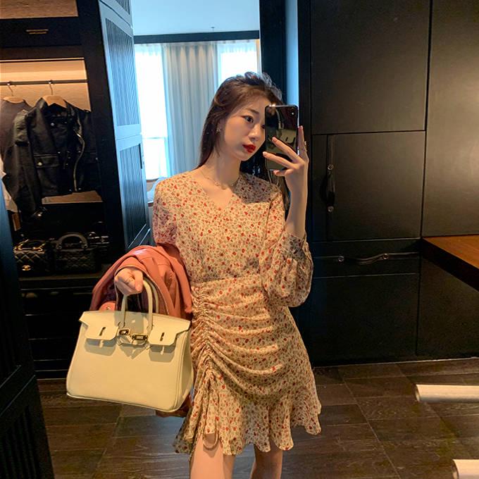 Ruffled Mini Vintage Print Irregular Dress Lantern Sleeve Elegant Chiffon Dress Slim Streetwear