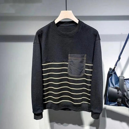 Spring and Autumn Men's Black Striped Color Matching Sweater Round Neck Loose Large Size All-match Casual Pullover Simple Sweater