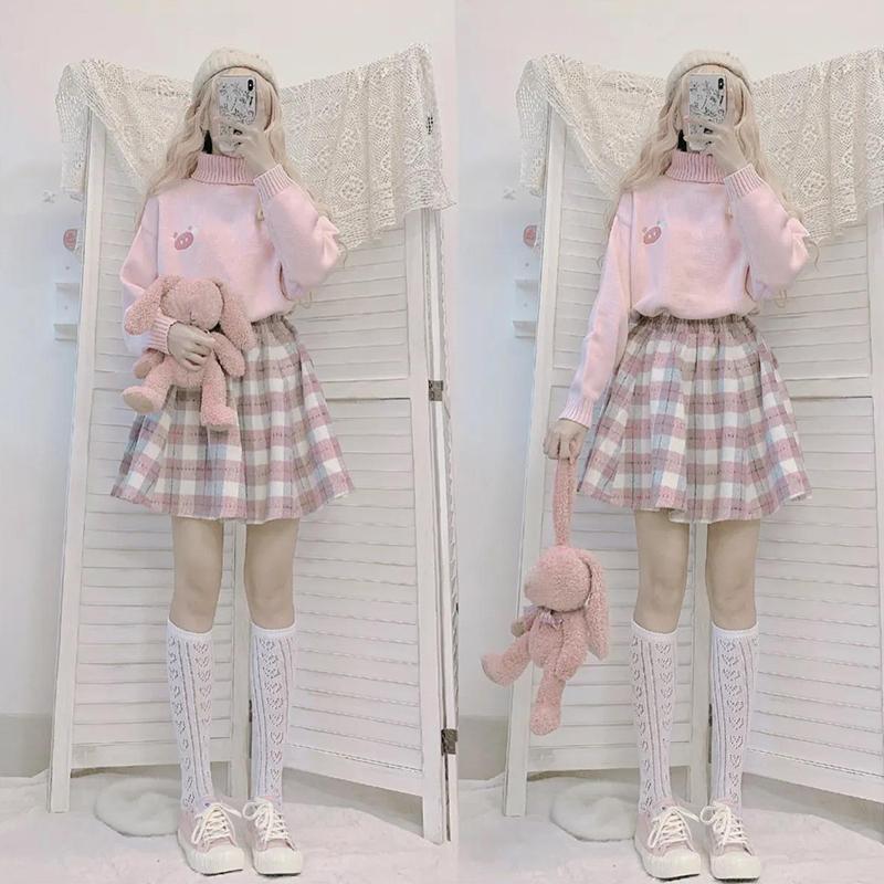 Sweet Suit High Neck Warm Knitted Sweater Women + A-line Short Skirt Loose Two-piece Suit All-match Cute Woolen Short Skirt Women