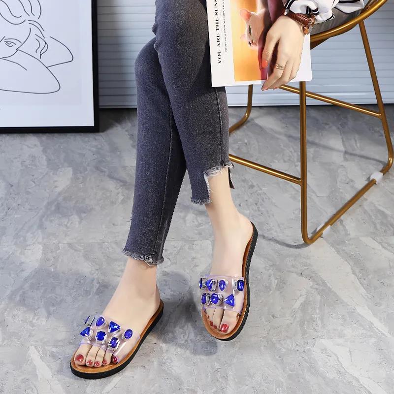 Slippers for Women's Outer Wear Summer Gemstone Decoration Non-slip Soft-soled Sandals Women's Flat Sandals Flat Shoes for Indoor and Outdoor Wear