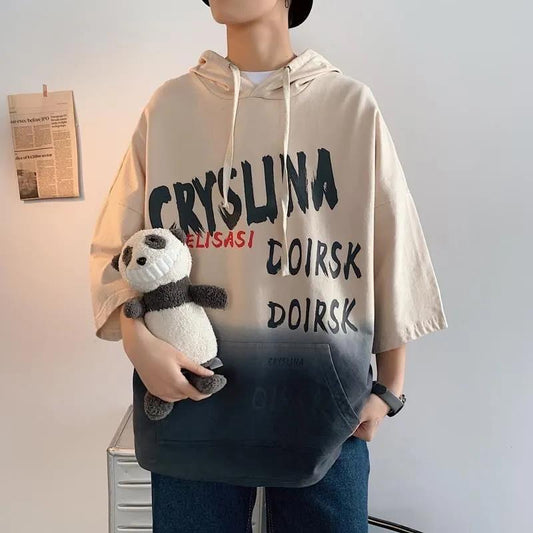 Summer Thin Gradient T-shirt Hooded Sweater Men's Short-sleeved Loose Three-quarter-sleeved Tops for Men and Women