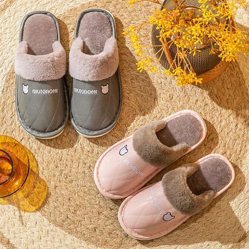 Winter Couple Cotton Slippers Household PU Leather Warm Shoes Waterproof Non-slip Plush Slippers