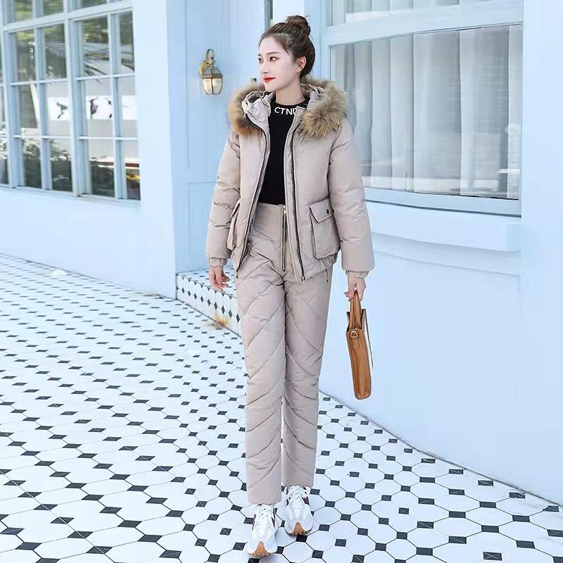 Women Winter Short Hooded Glossy Windproof Waterproof Coat Two Pieces Suit Puffer Jacket Cotton Padded Wadded Warm Outwear