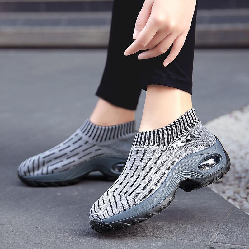 Women's Mid High-heeled Sneakers Casual Breathable Mesh Sports Shoes Running Flat Shoes Slip on Thick-soled Dance Shoes
