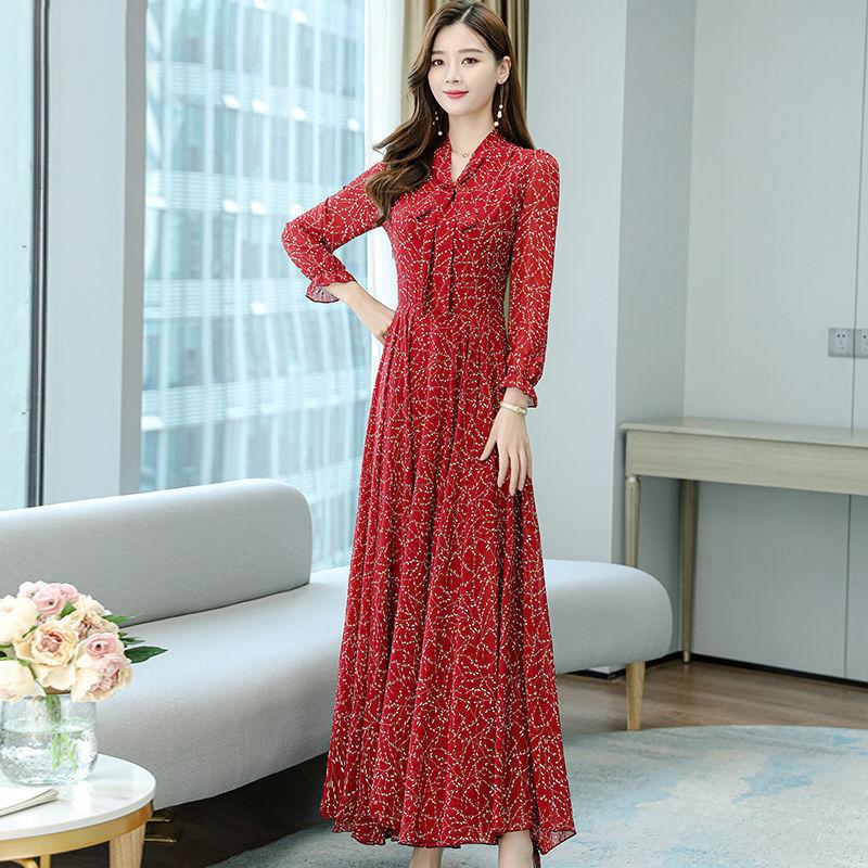 Chiffon Bowknot Dress Printed Base Dress Long Sleeve Floral Big Swing Long Skirt Large Size Women's Clothing Waist Waist Thin Thin Fabric