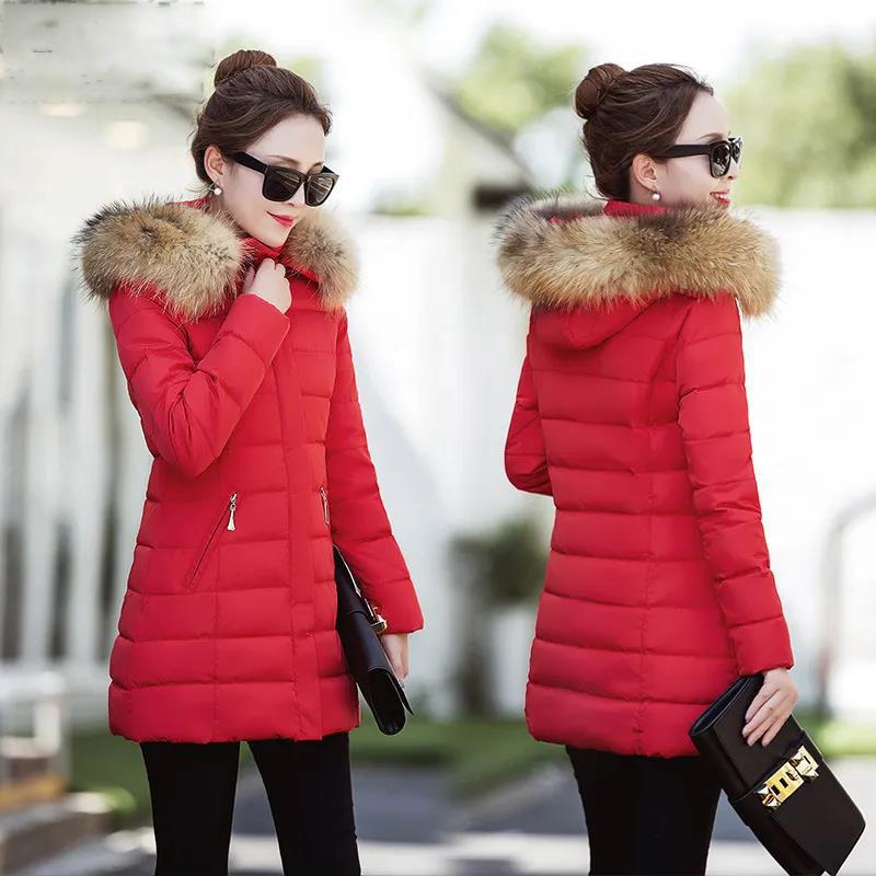 Down Jacket Winter Ladies Fashion Korean Big Fur Collar Thick Warm Hooded Mid-length Plus Size Cotton Jacket