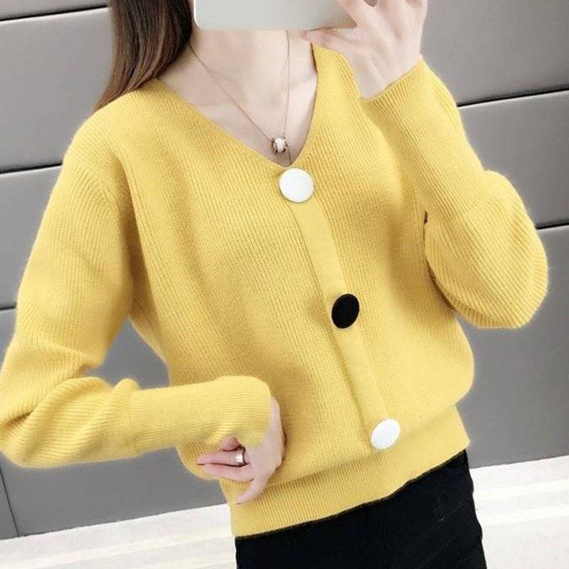 Spring and Autumn V-neck Low-neck Sweater Pullover with Short Bottoming Shirt Casual All-match Female Top