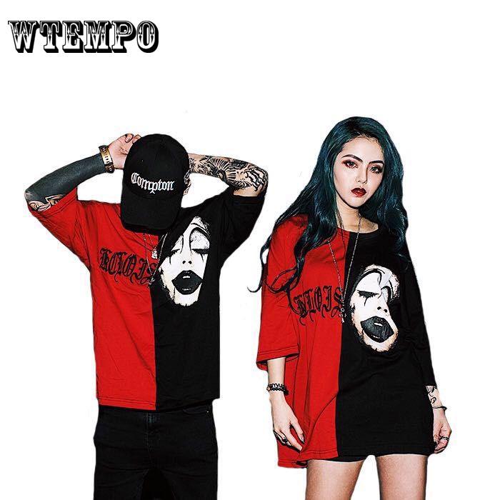 Black and Red Stitching Print Short-sleeved T Shirt Women Embroidery Hit Color Couple