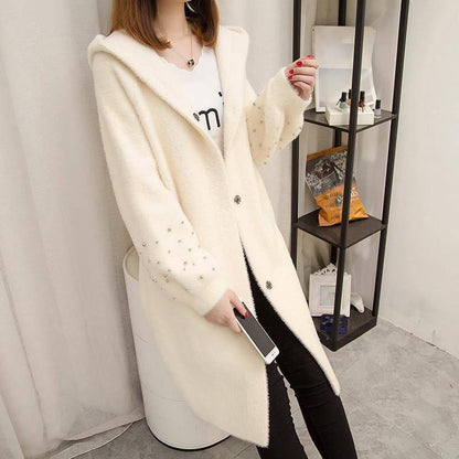 Mid-length Lantern Sleeve Beaded Sweater Autumn and Winter Korean Casual Hooded Coat