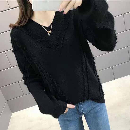 Pofulove Long Sleeve Tassel Sweater Solid Color V-neck Loose Thicken Bottoming Knitwear Jumper Top