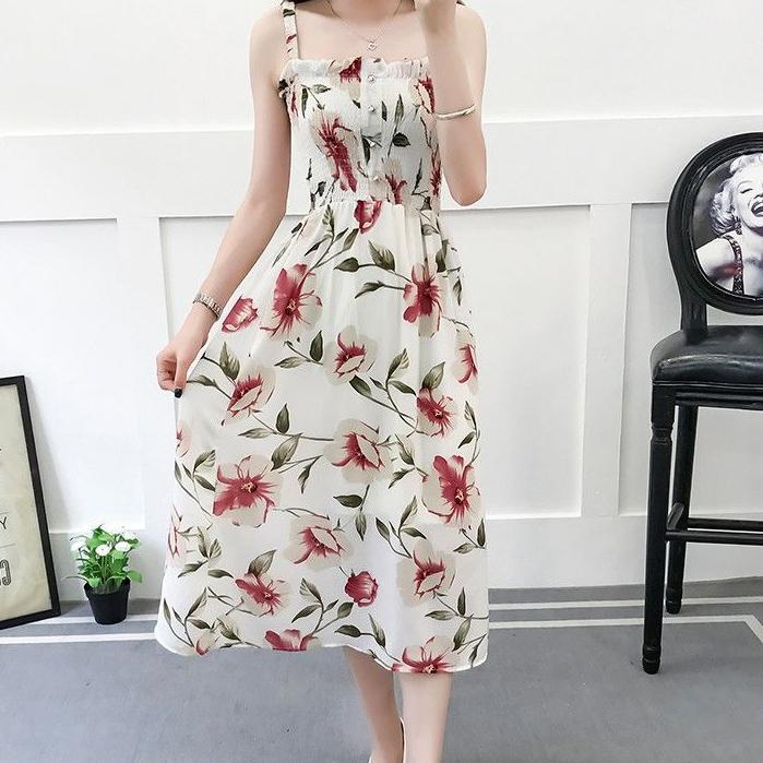 Bohemian Slim and Fresh Suspender Wrapped In Chest Floral Chiffon Dress Women's Summer Vacation Beach Skirt