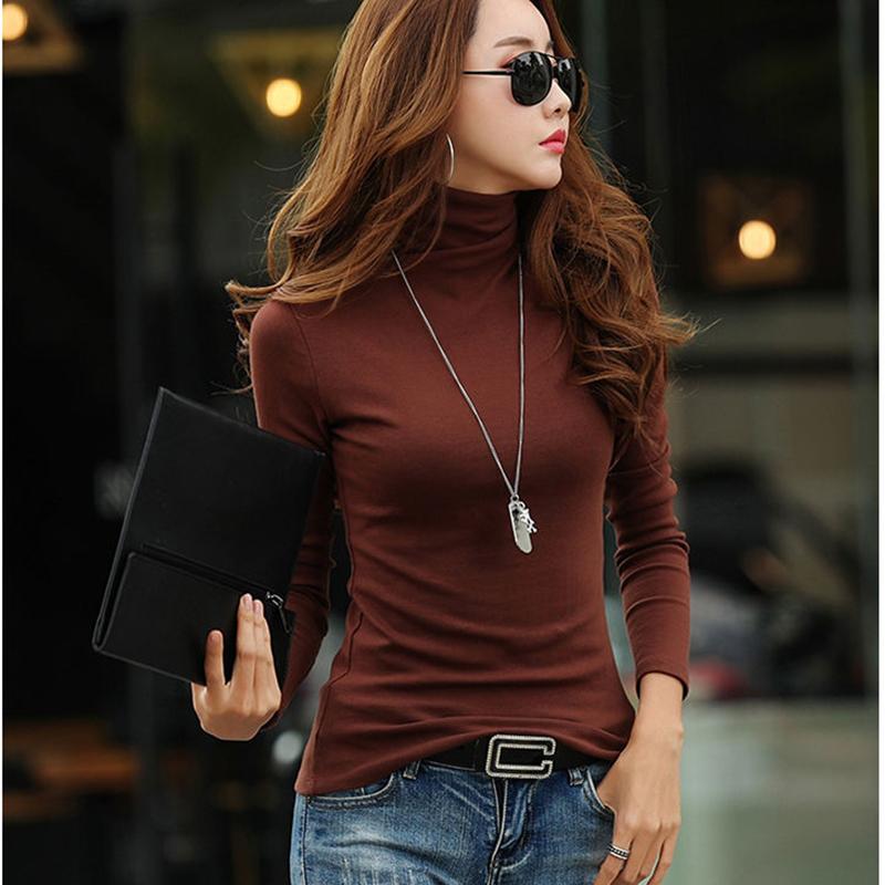 Fashion Women's Pullover Winter High Neck Women's Bottoming Shirt Long-sleeved Solid Color Slim Women's Cotton Top