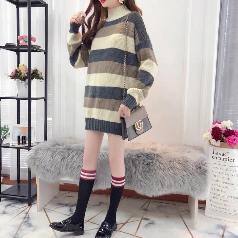 Pofulove Women Striped Turtleneck Pullover Sweater Long Sleeve Office Thicken Long Sweatshirts Top
