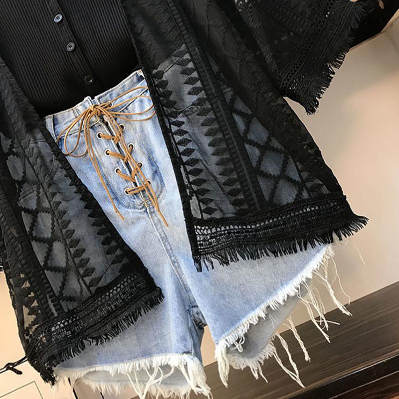 Fashion  Plus Size 2 Piece Set Women Summer Hollow Lace Shirt Tops Vest Denim Shorts Three-piece Set