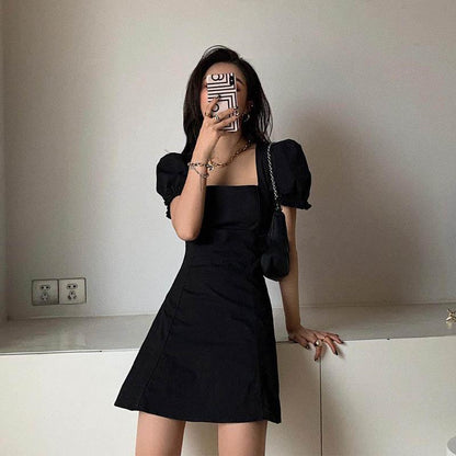 Black Mid-length Dress Summer Square Collar Waist Thin Skirt Puff Sleeve High-waisted A-line Skirt
