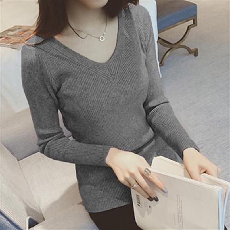 Core-spun Yarn Autumn and Winter Women's Blouse V-neck Knit Bottoming Shirt Slimming Long-sleeved Sweater Top