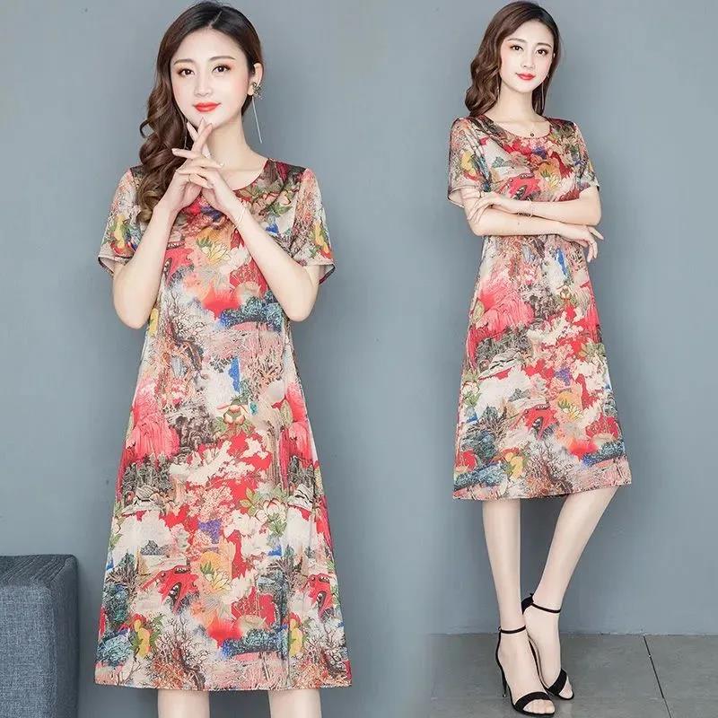 Summer Ice Silk Cool Dress Casual Comfortable Dress Ethnic Short Sleeve Dresses Plus Size Loose for Women