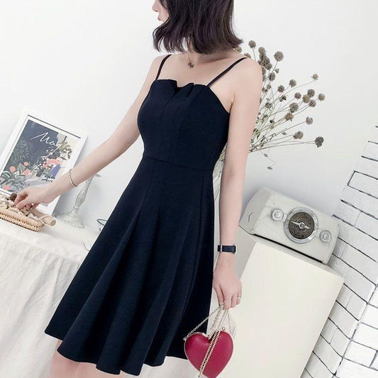 Female Simple Elegant Small Black Party Dress Slim Vintage Suspender Short Holiday Graceful Dress