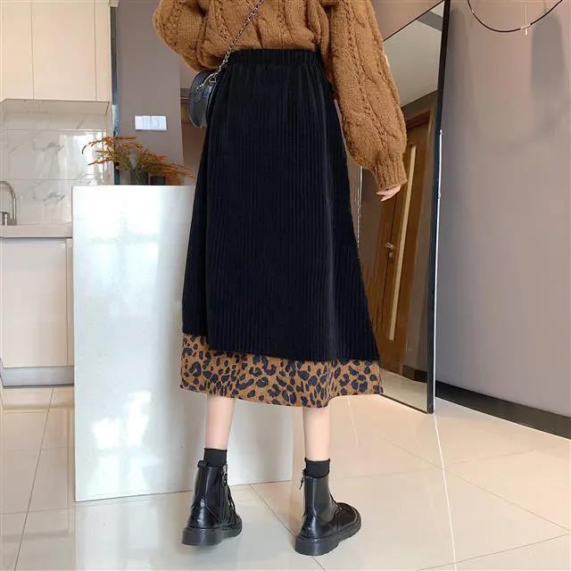 Autumn and Winter Retro Corduroy Leopard Print Stitching Skirt Female High-waisted Thin A-line Mid-length Umbrella Skirt