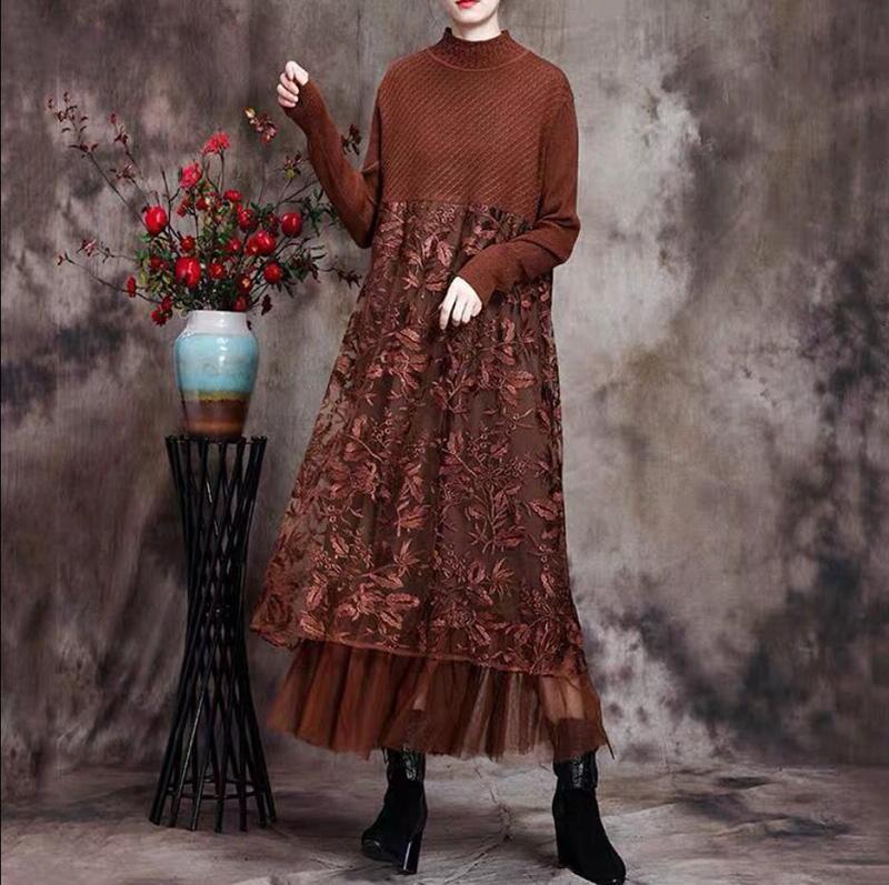 Autumn and Winter Bottoming Skirt Mid-length Retro Ethnic Embroidery Knitted Sweater Dress Long-sleeved Half-high Collar Lace Skirt