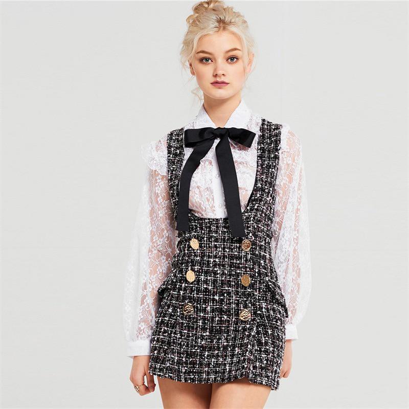 WTEMPO British Style Plaid Tweed Women Mini Dress Winter Sleevesless Double Button Elegant Ladies