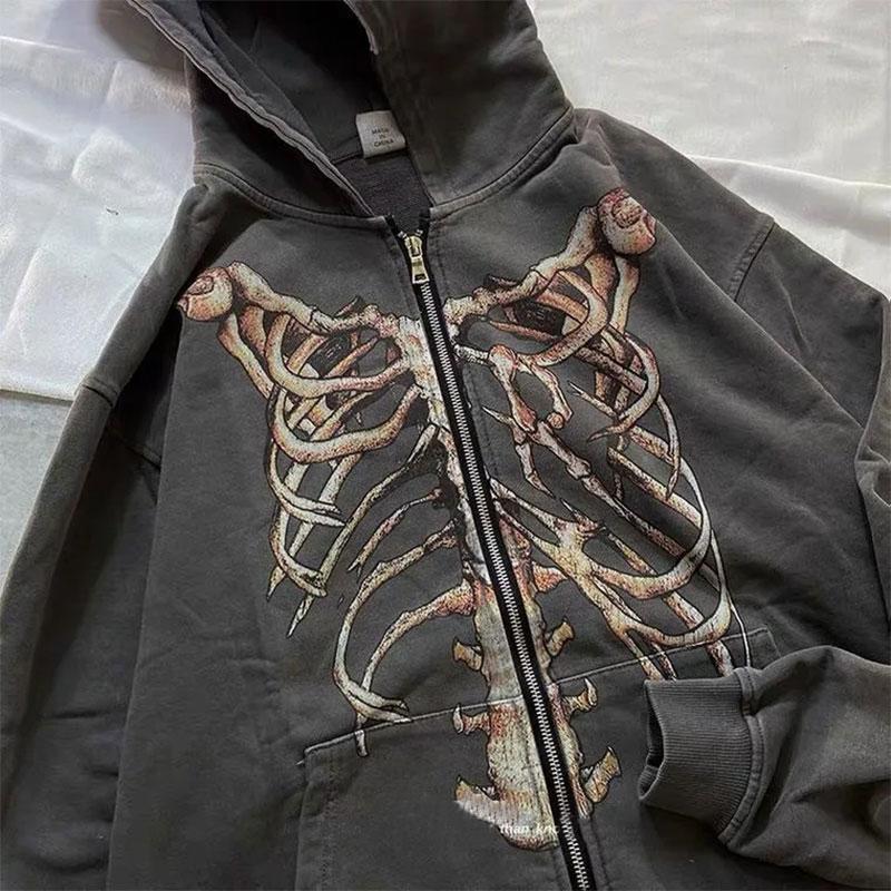 Men and Women Retro Dark Style Hooded Sweater Bone Old Zipper Sweater Oversize Street Hiphop Retro Cardigan