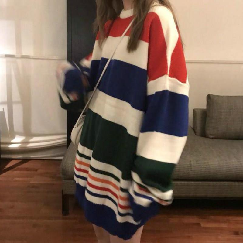 Pofulove Autumn Winter Color Striped Sweater Women Long Round Neck Students Loose Pullover Coat