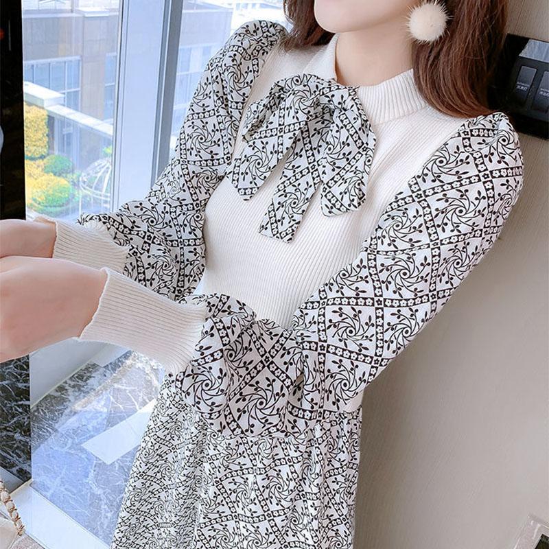 Women's Autumn and Winter Long-sleeved Dress Puff Sleeve Mid-length Floral Dress Knit Bottoming Bow Dress