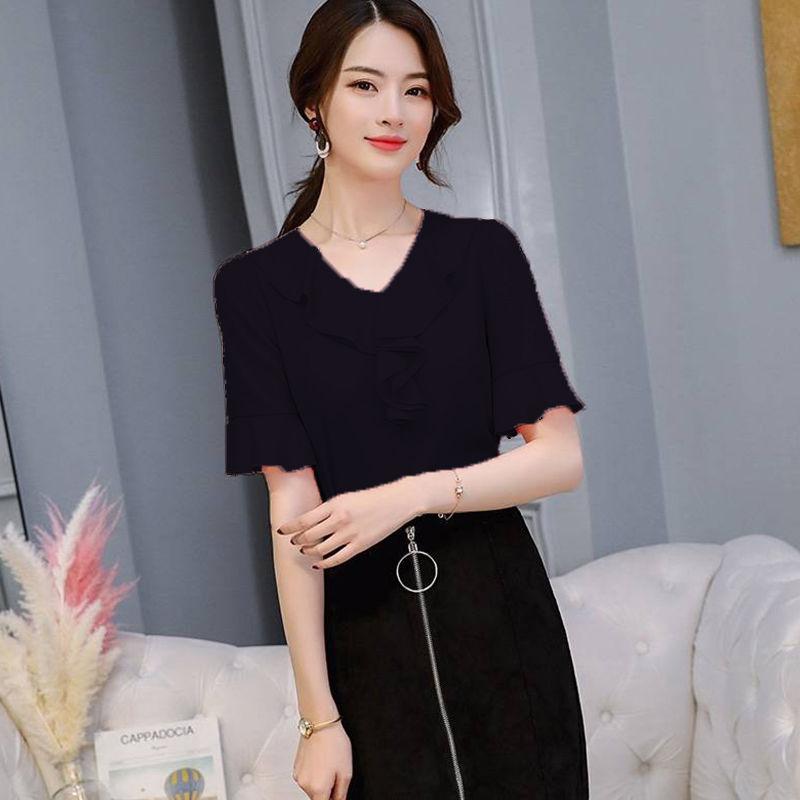Chiffon Shirt Women's Short-sleeved V-neck Slim Slimming Casual Large Size Trumpet Sleeve Top Chiffon Temperament Shirt Easy To Wear Shirt