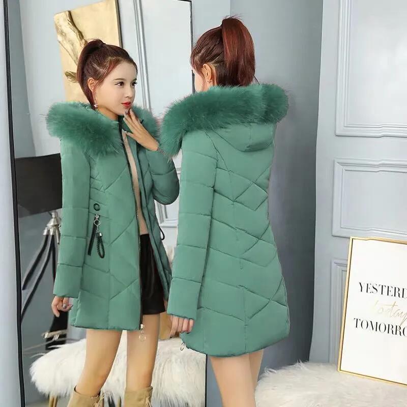 Winter Down Jacket Ladies Thick Fashion Slim Cotton Jacket Mid-length Hooded Big Fur Collar Down Jacket