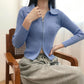 Polo Collar Knitted Cardigan Women's Thin Slim Slimming Short Double-headed Zipper Long-sleeved Top