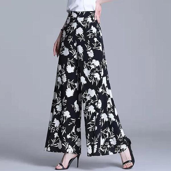 Women's Spring Summer Wide Leg Pants Loose Thin High Waist Plus Size Culottes Elastic Waist Printed Long Straight Pants