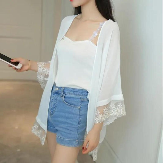 Beach Sun Cardigan Chiffon Women's Summer Thin Cotton Linen Anti-UV Length Above Knee