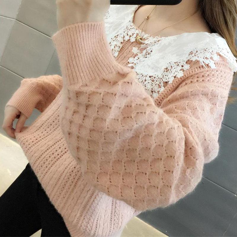Spring and Autumn Loose Sweater Outer Wear Doll Collar Knitted Top Cute Style Lace Collar Female Sweater