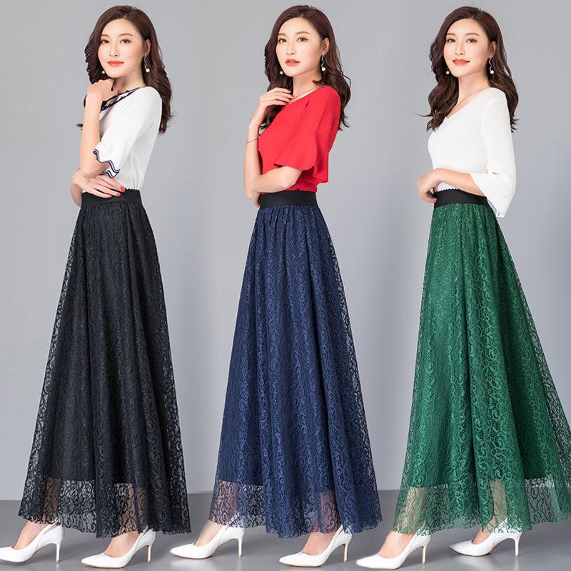 Large Size All-match A-line Long Skirt Women's Spring and Autumn Lace Elastic High Waist Mid-length Skirt